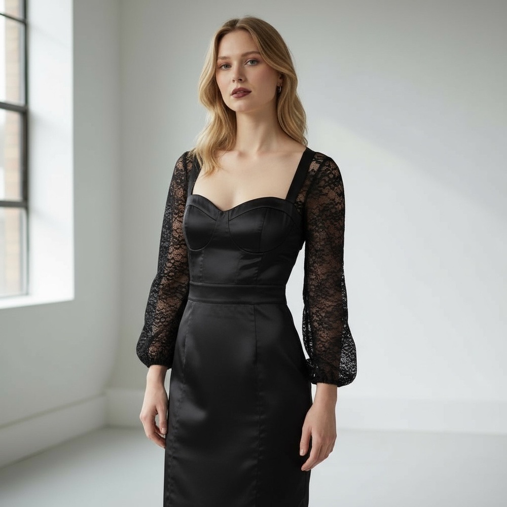 Guess by Marciano Black Satin Lace Sleeve Dress